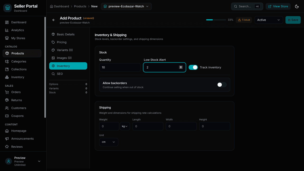 Inventory and Shipping tab of the Add Product screen with quantity, low-stock alert, track inventory toggle, backorders and package weight and dimensions