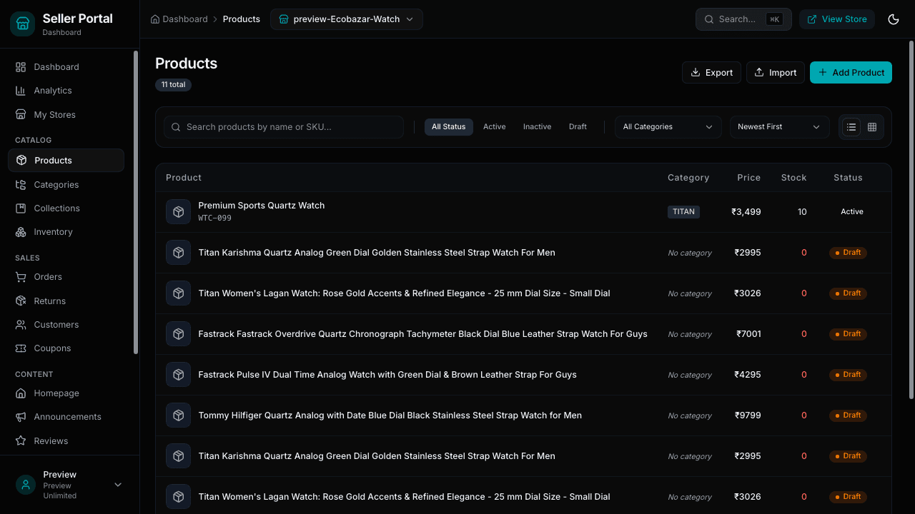 Products list showing the newly saved Premium Sports Quartz Watch at the top with an Active status