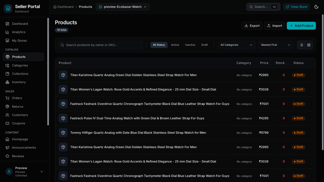 Products list in the seller dashboard with the Add Product button in the top right