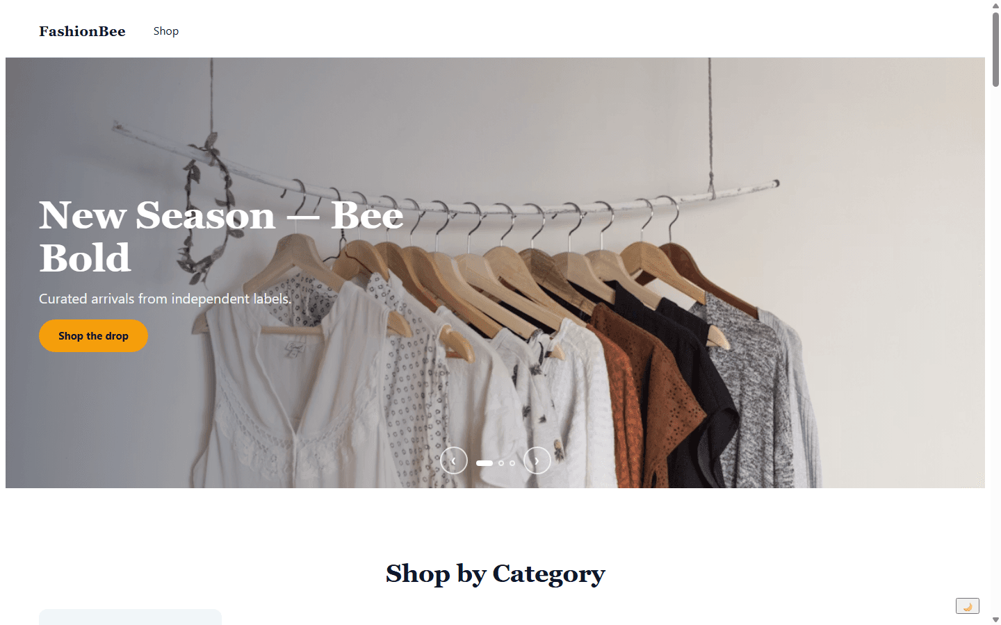 FashionBee theme storefront with a full-width hero and category grid