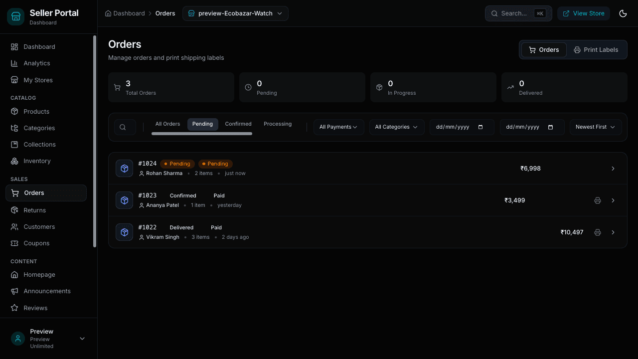 BizzPocket seller dashboard orders list with paid, confirmed and delivered orders