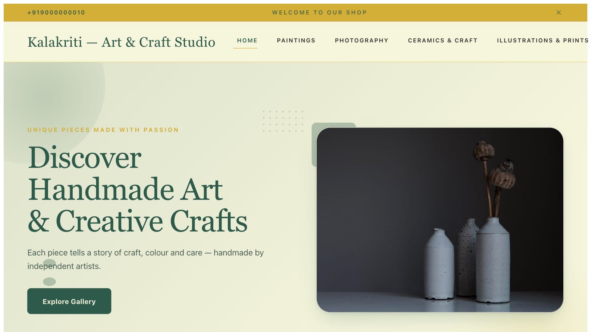 ArtCraft theme homepage for an art and craft studio