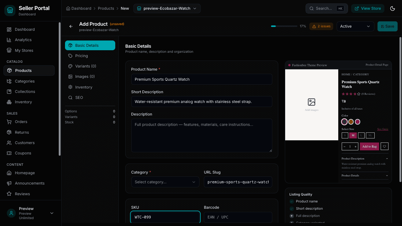 Add Product screen with a live theme preview and a listing-quality checklist